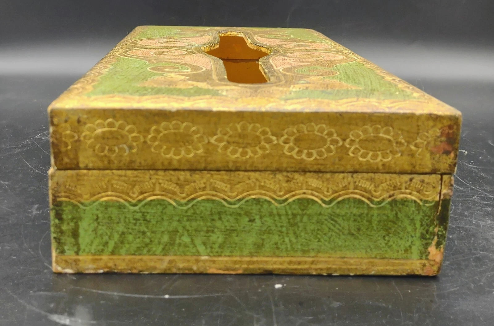 Vtg Florentine Italy Wood Tissue Box Cover Green Gold Gilt Hinged Hand Painted | eBay