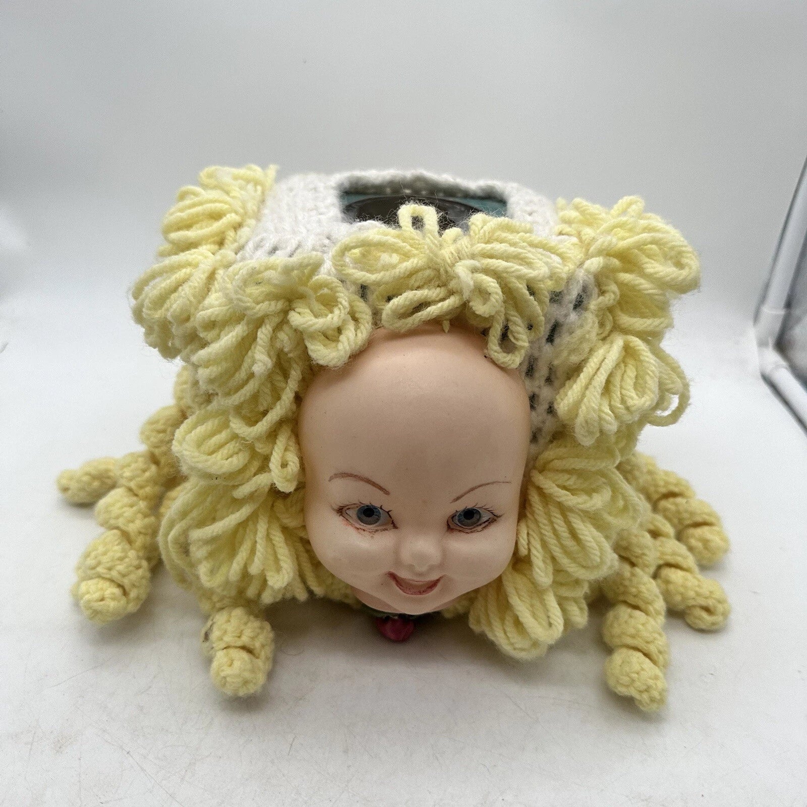 Vintage Doll Head Face Tissue Box Cover Dispenser Crocheted Kitschy Creepy | eBay
