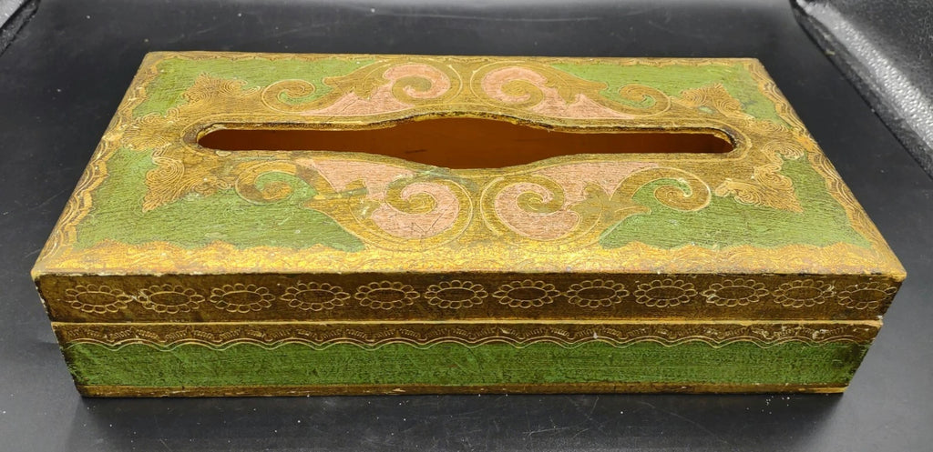 Vtg Florentine Italy Wood Tissue Box Cover Green Gold Gilt Hinged Hand Painted | eBay