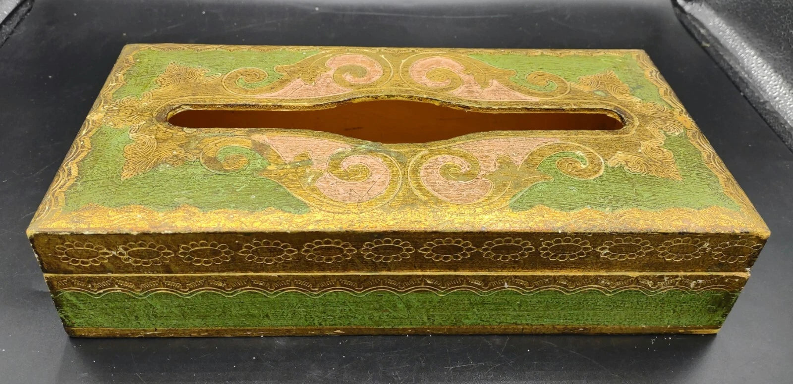 Vtg Florentine Italy Wood Tissue Box Cover Green Gold Gilt Hinged Hand Painted | eBay