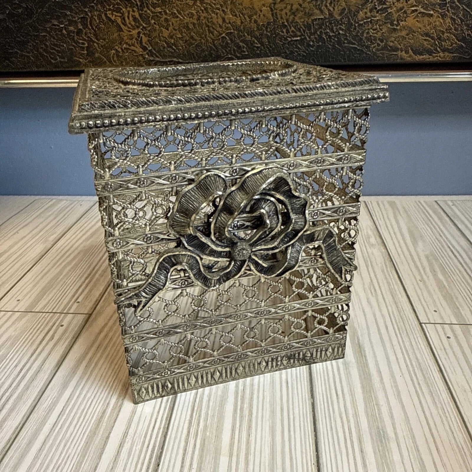 Hollywood Regency MCM Metal Gold Filigree Square Tissue Box Cover Applied Bow | eBay