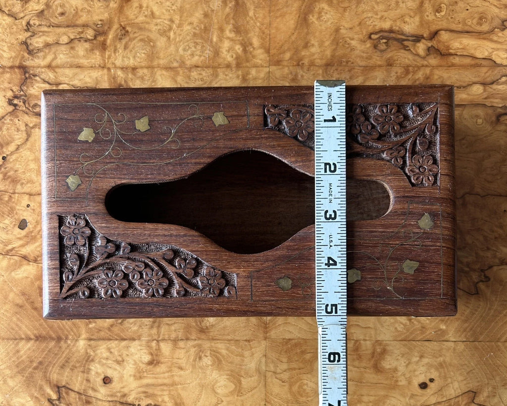 Hand Carved Wood Brass Inlay Tissue or Napkin Box Holder India Boho Decor | eBay