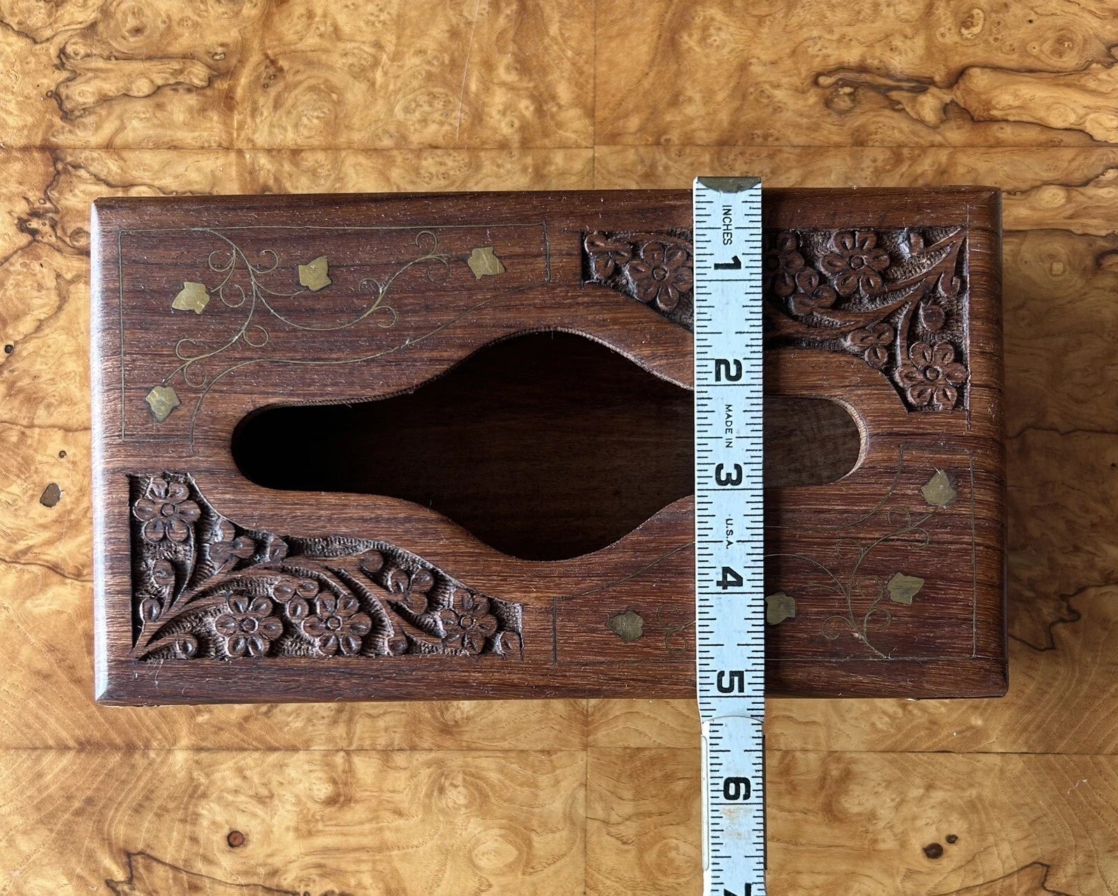 Hand Carved Wood Brass Inlay Tissue or Napkin Box Holder India Boho Decor | eBay