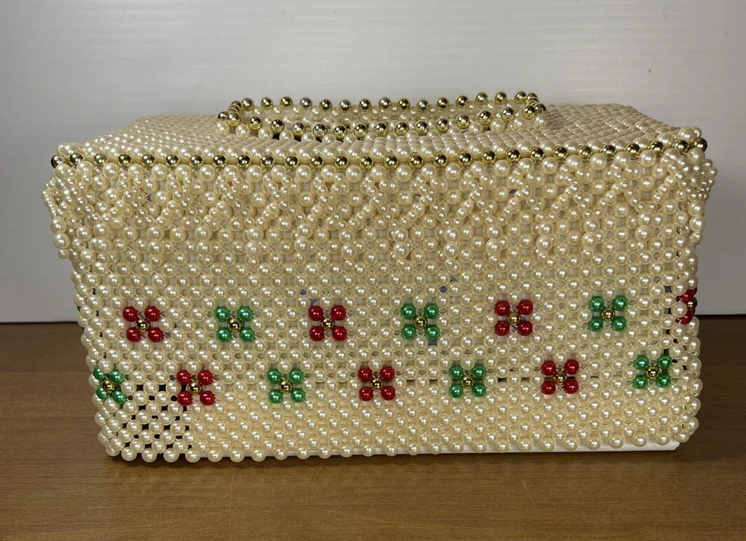 Vintage Beaded Tissue Box Holder Oblong Faux Pearl & Gold Beads Red Green Cover | eBay