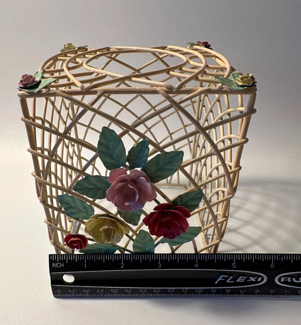 vtg woven wire/metal tissue box holder-cream w/pink/yellow/red florals 5.5"x4.5" | eBay