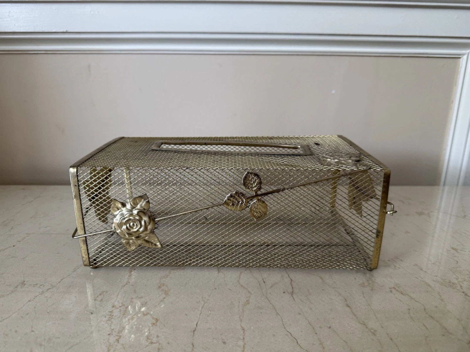 Vtg Gold Metal Mesh Tissue Box Cover Holder Floral Roses MCM Hollywood Regency | eBay