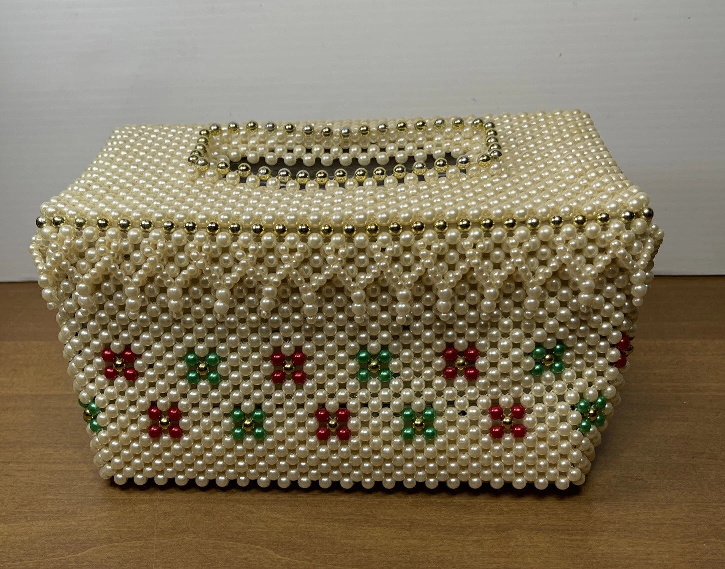 Vintage Beaded Tissue Box Holder Oblong Faux Pearl & Gold Beads Red Green Cover | eBay