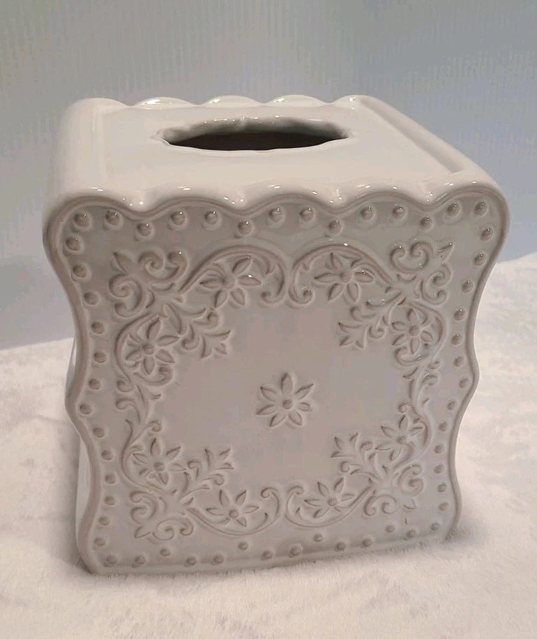 White CREATIVE BATH Floral Lace Ceramic Tissue Box Cover- 6.25" Square | eBay