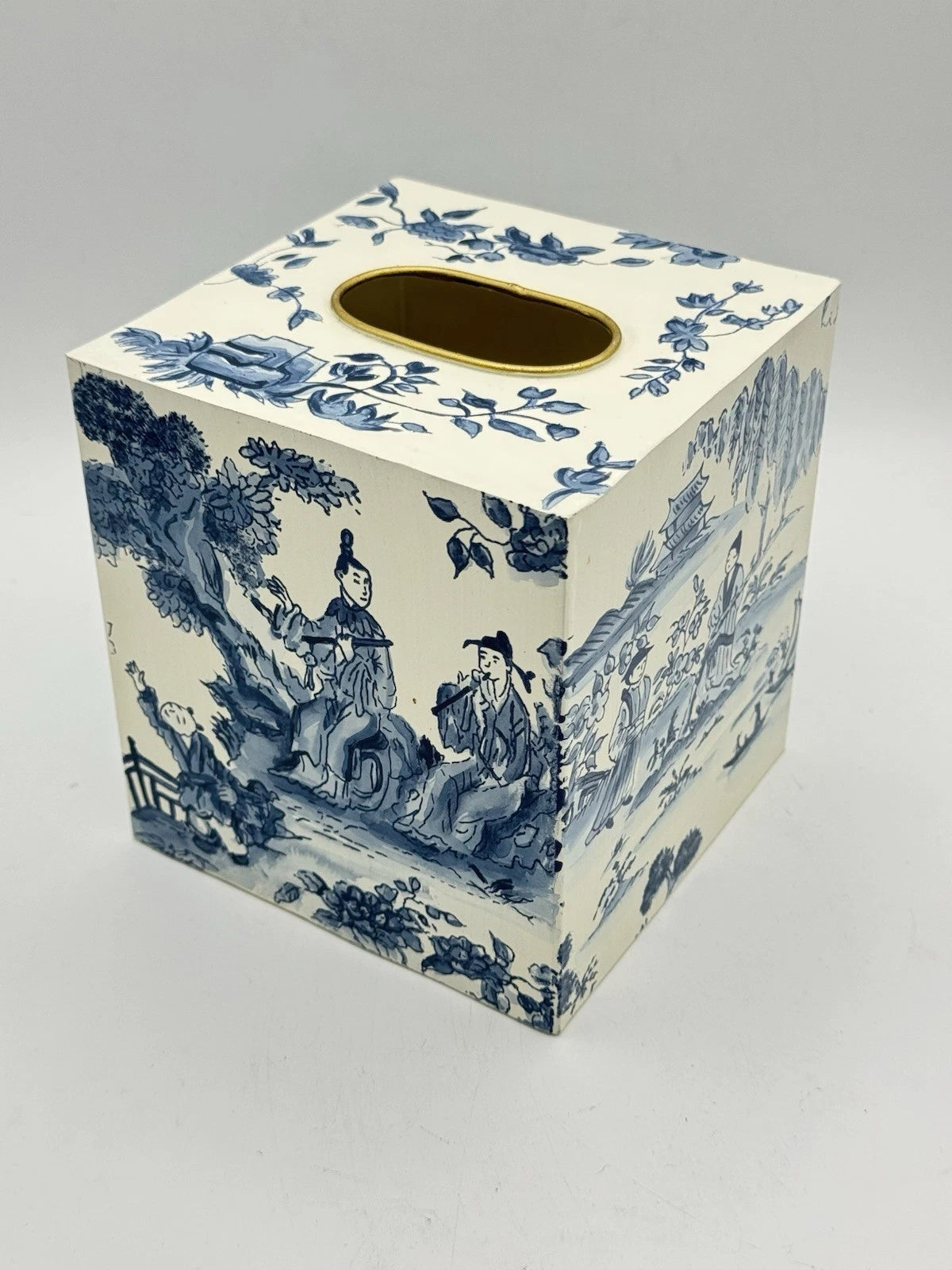 Vintage Metal Chinoiserie Tissue Box Cover – Blue & Cream Scenic Design Toleware | eBay