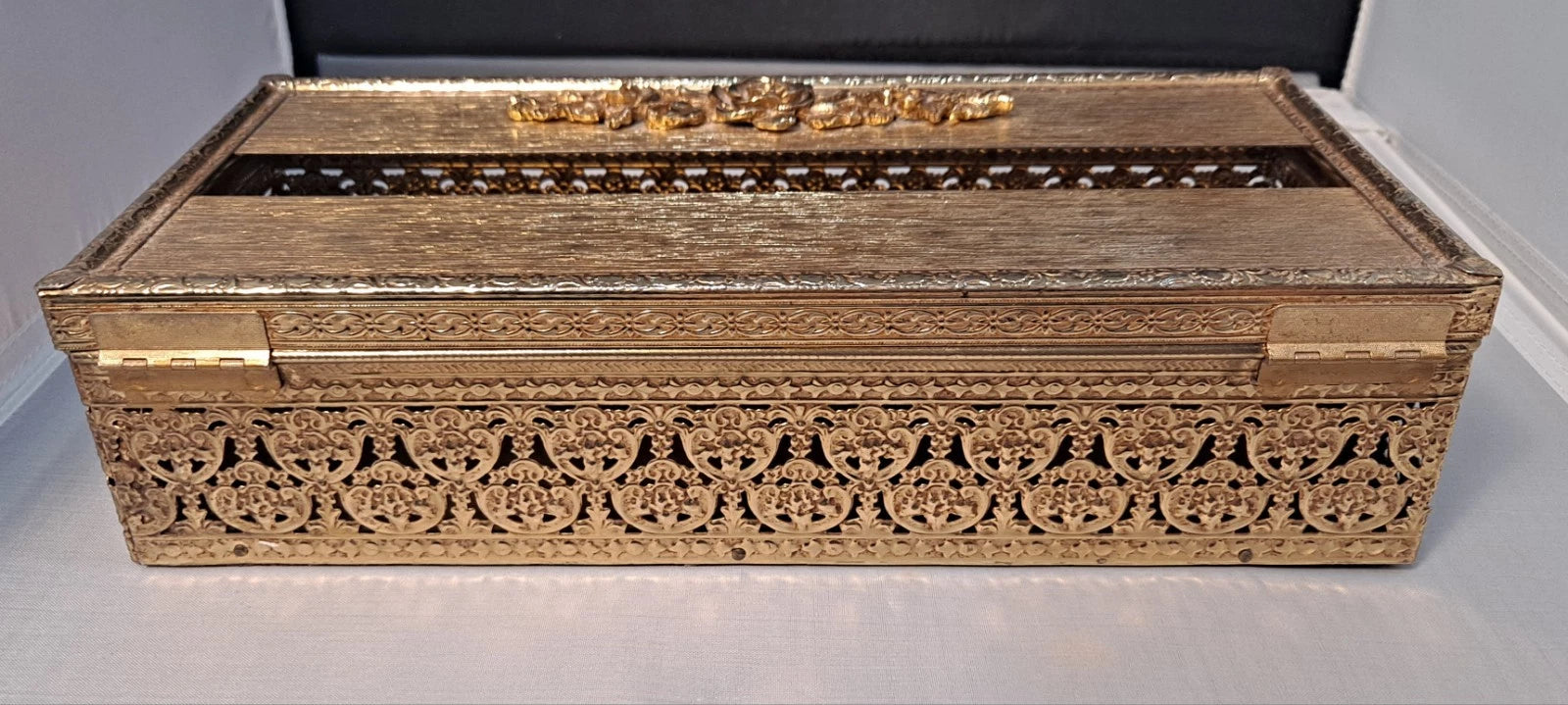 Vtg Gold Filigree Tissue Box Holder Gilted Hinged Hollywood Regency Flowers | eBay