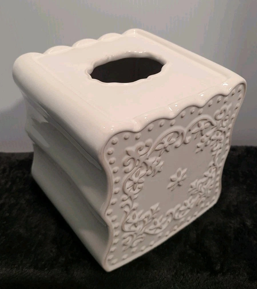 White CREATIVE BATH Floral Lace Ceramic Tissue Box Cover- 6.25" Square | eBay
