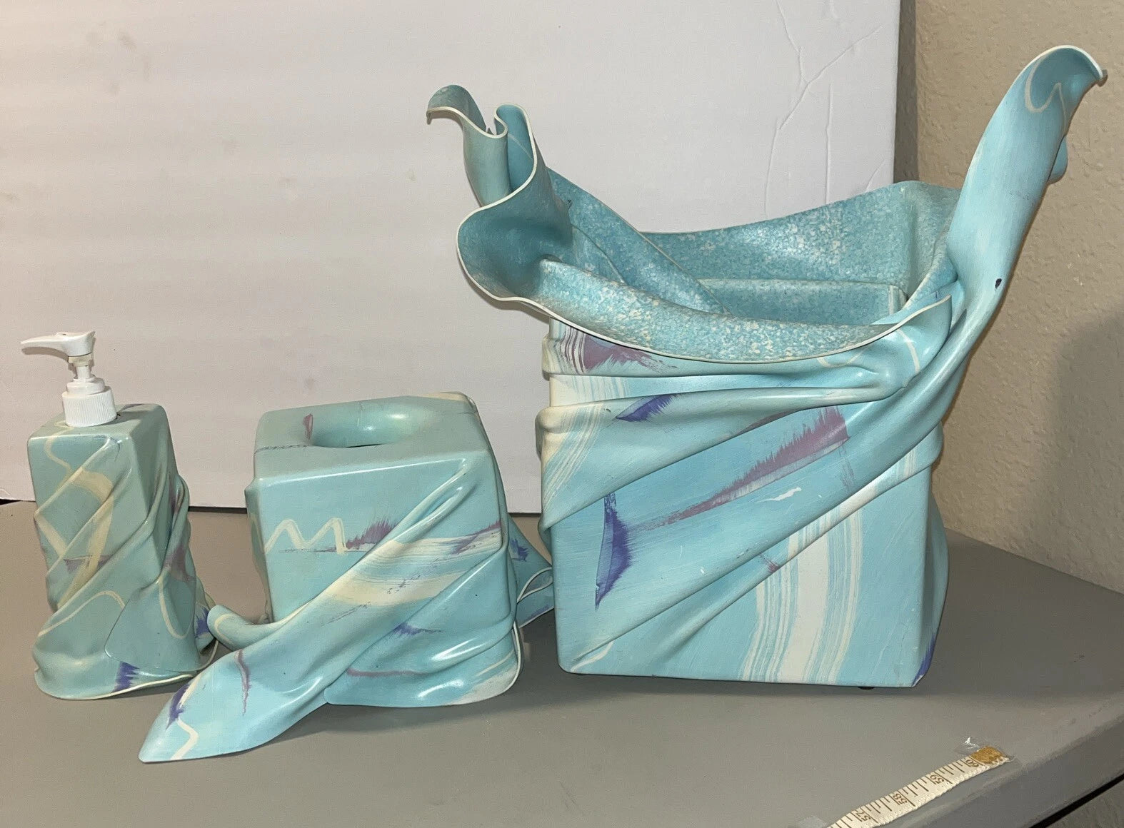 Vintage Blue Green Swirl Tissue Box Holder Soap Dispenser Trash Bin Bath Set Art | eBay