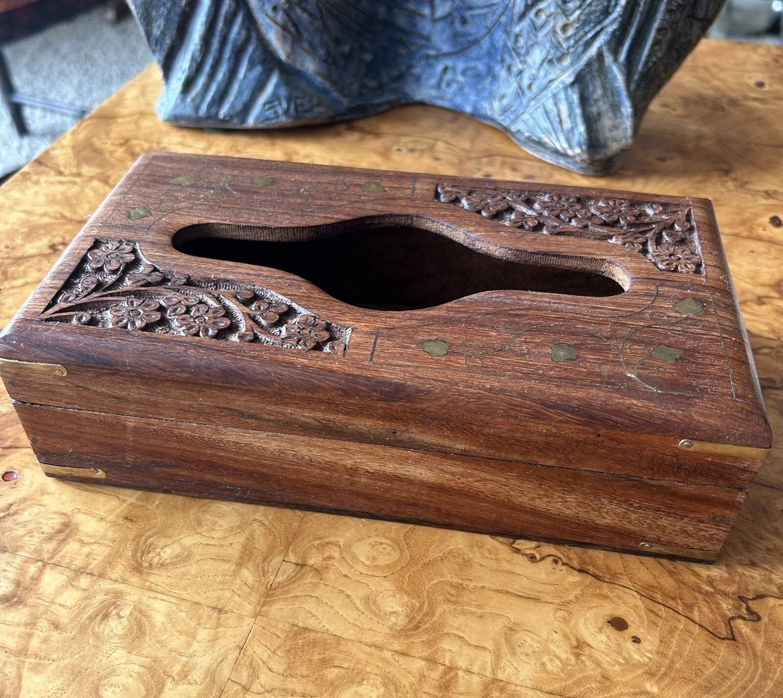 Hand Carved Wood Brass Inlay Tissue or Napkin Box Holder India Boho Decor | eBay