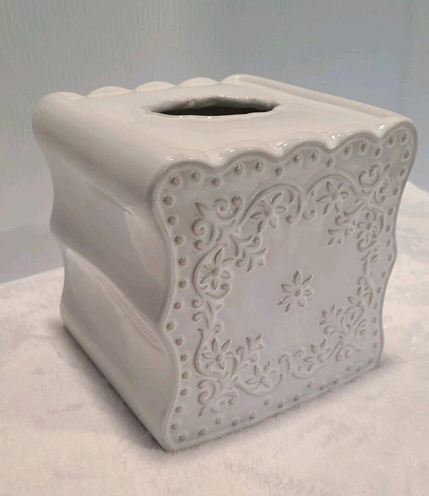 White CREATIVE BATH Floral Lace Ceramic Tissue Box Cover- 6.25" Square | eBay