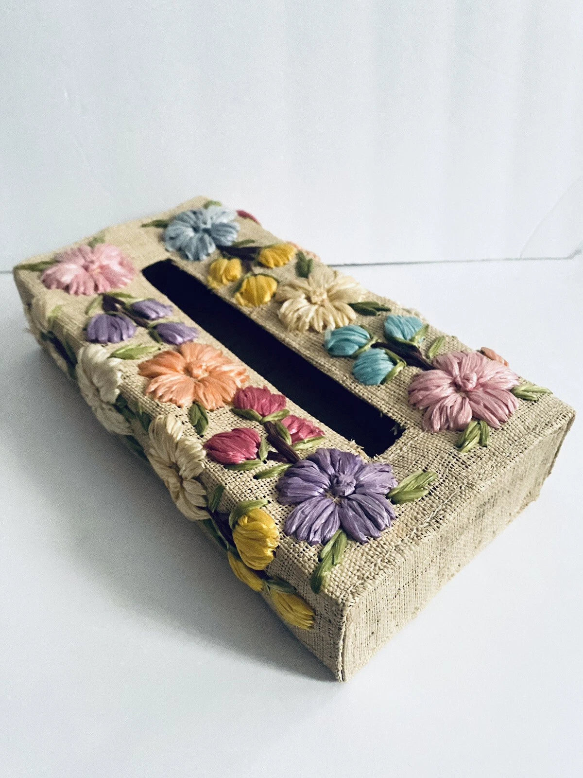 Straw Tissue Box Cover / Dispenser With Colorful Floral Embellishments Vintage | eBay