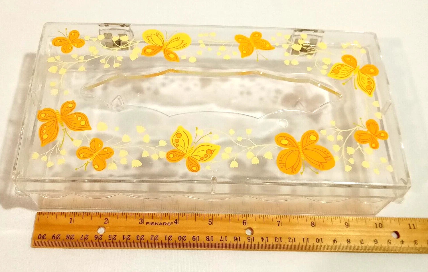 Wolff Clear Acrylic Butterfly Tissue Box Holder Hinged Lid Orange Yellow Vintage | eBay