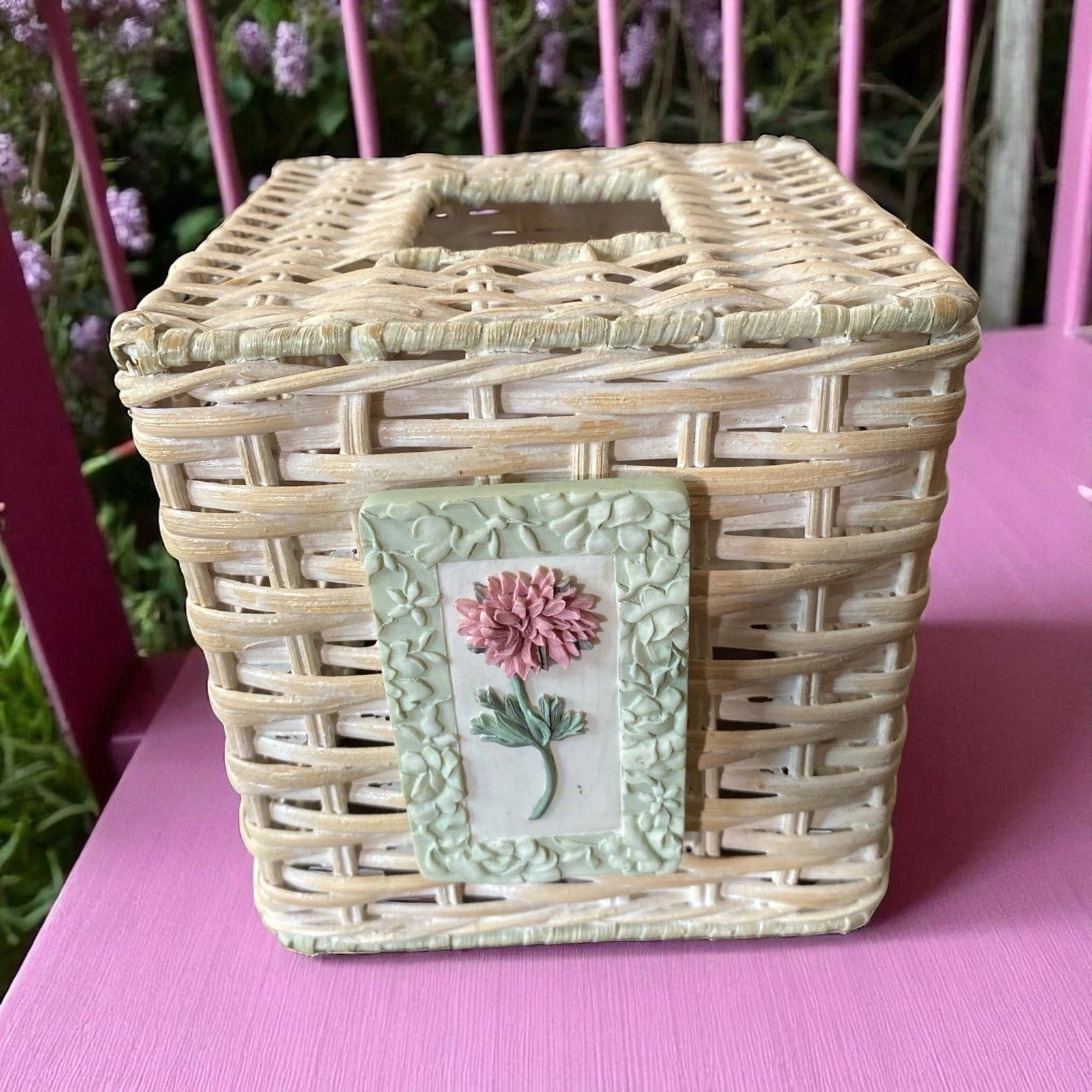 Vintage Wicker Tissue Box Cover with Pink Flower Plaque Cottagecore Shabby Chic | eBay