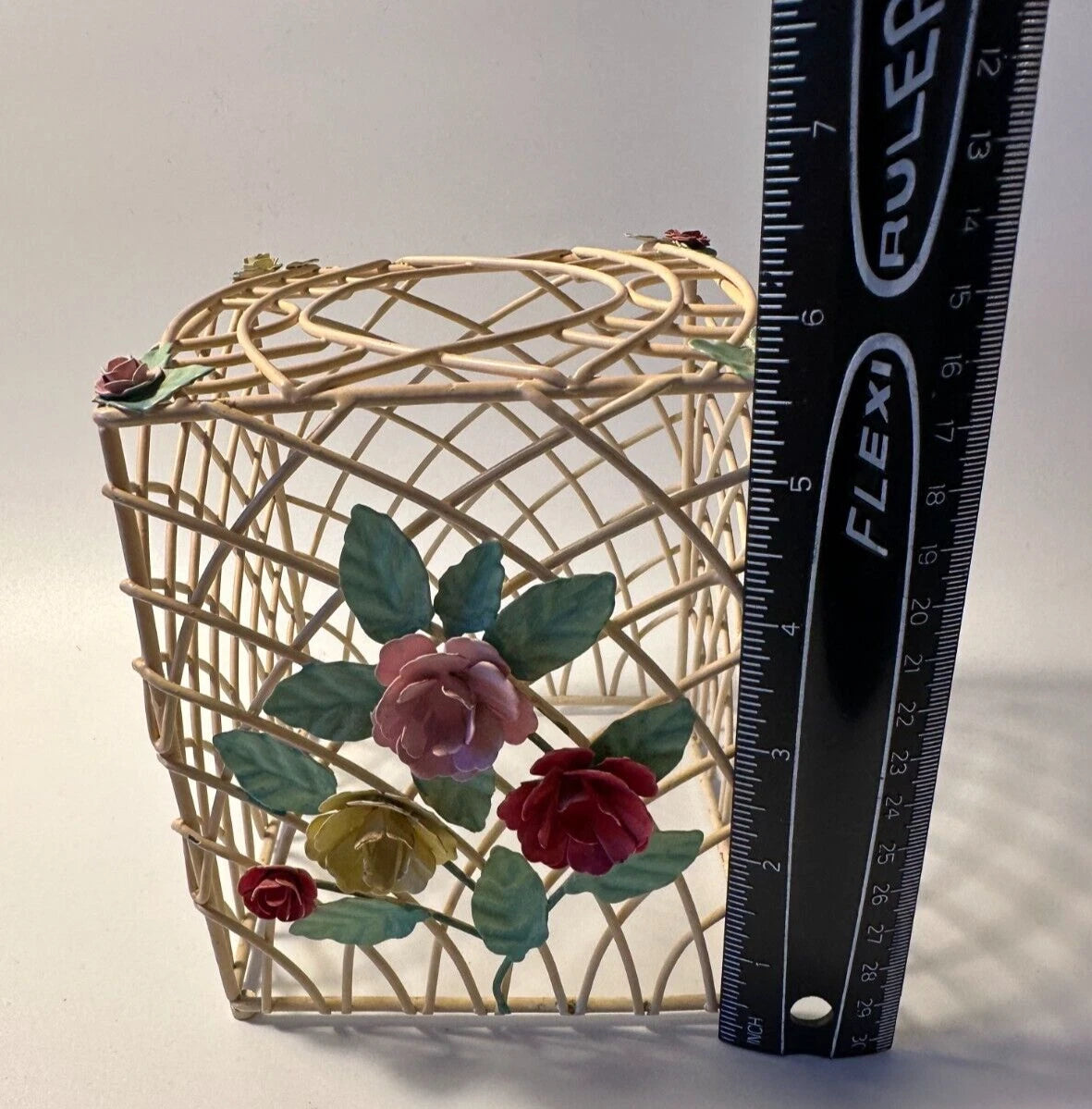 vtg woven wire/metal tissue box holder-cream w/pink/yellow/red florals 5.5"x4.5" | eBay