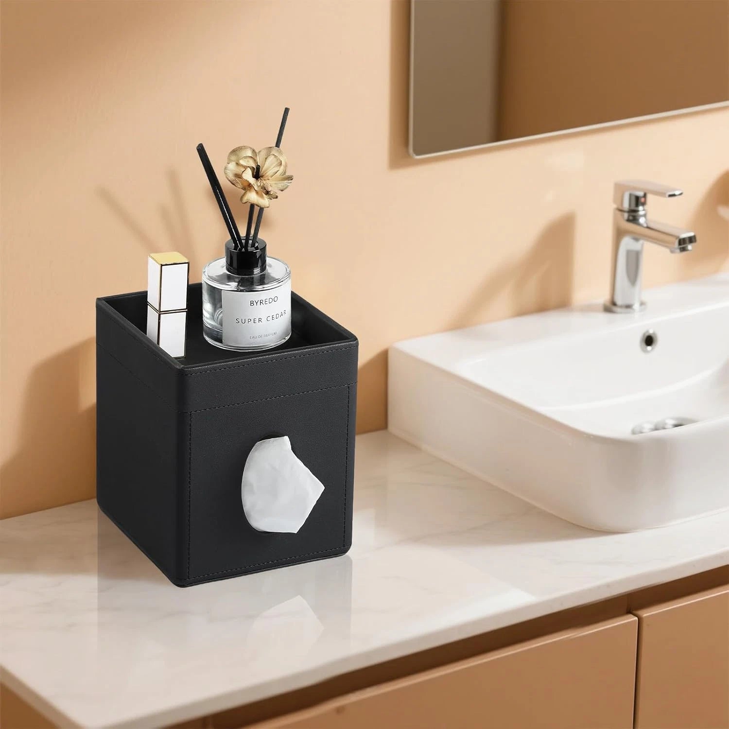 Tissue Box Cover, PU Leather Square Tissue Box Holder with Storage Tray for Bath | eBay