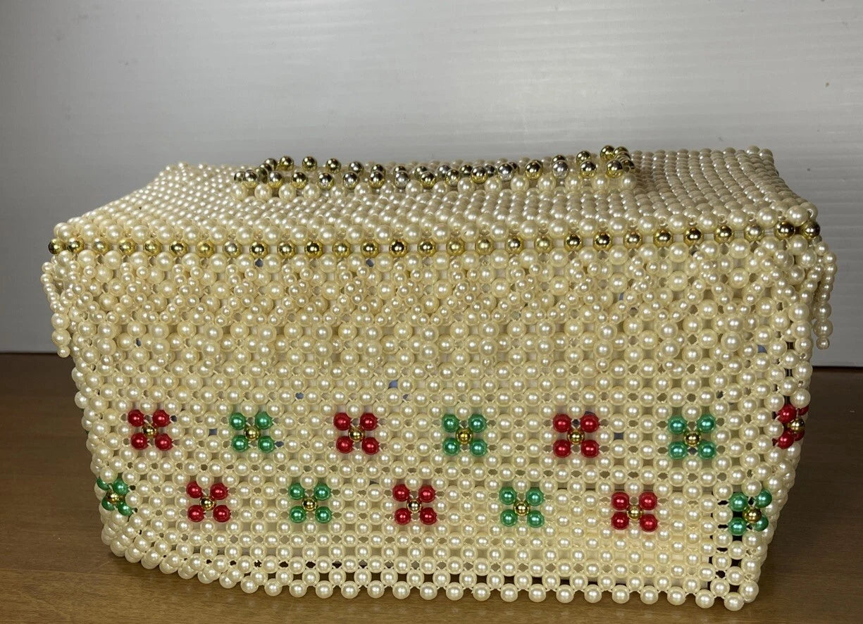 Vintage Beaded Tissue Box Holder Oblong Faux Pearl & Gold Beads Red Green Cover | eBay