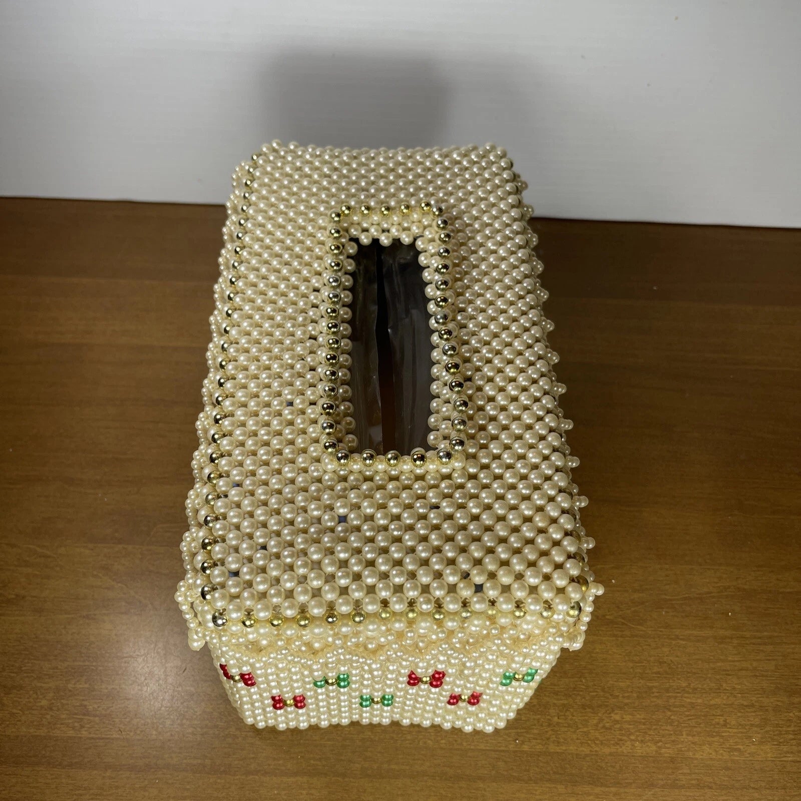 Vintage Beaded Tissue Box Holder Oblong Faux Pearl & Gold Beads Red Green Cover | eBay