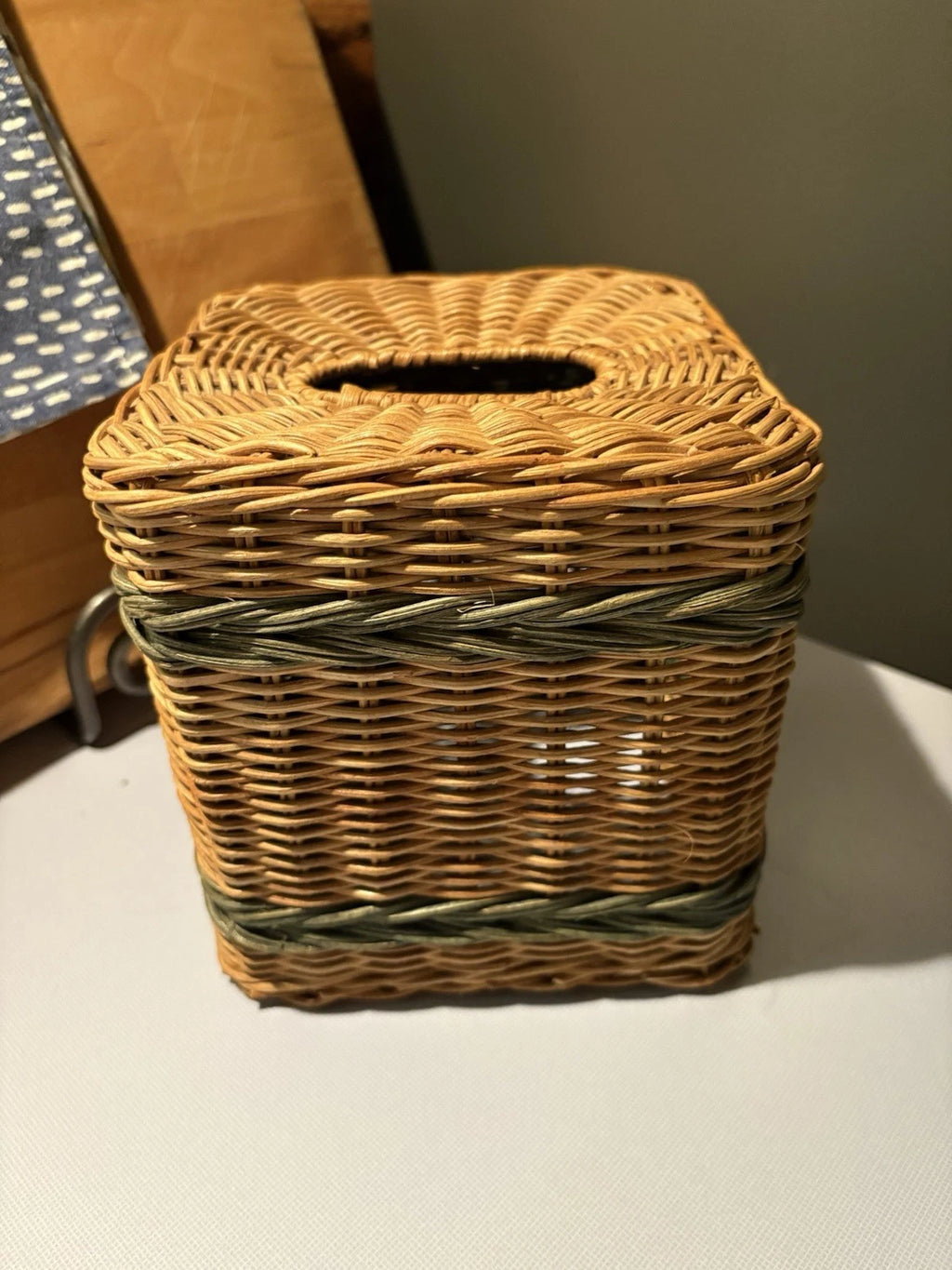Woven Wicker Rattan Tissue Box Cover Holder 6” Cube Striped Natural Metal Frame | eBay