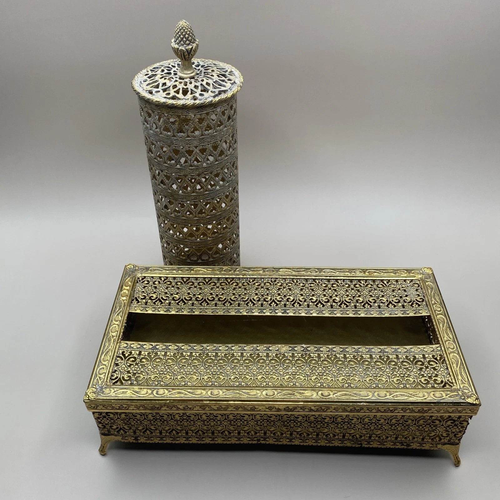 Hollywood Regency 2 Piece Bath Vanity Accessories Gold Tone Filigree Brass? | eBay