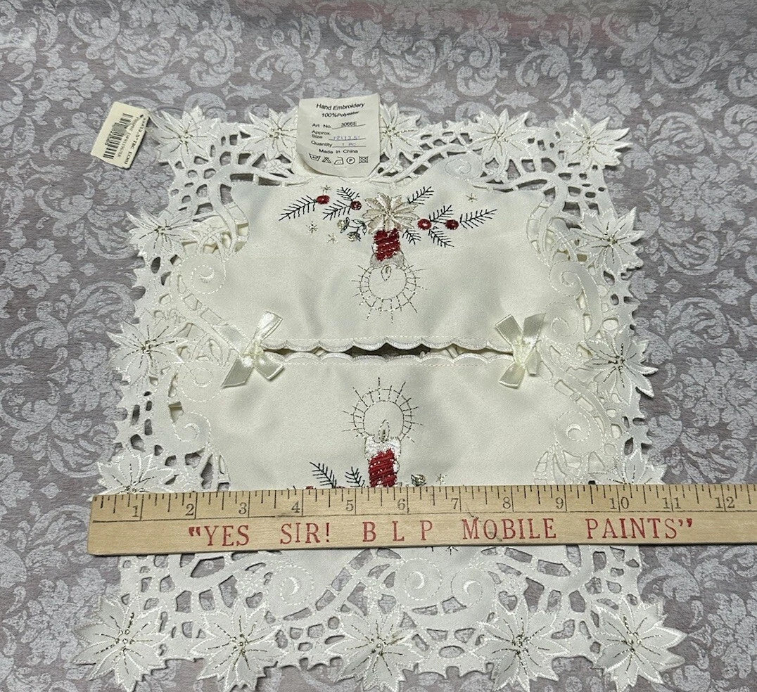 Vtg Hand Embroidery Tissue Box Cover Ornate Filigree Lace Christmas Candle New | eBay