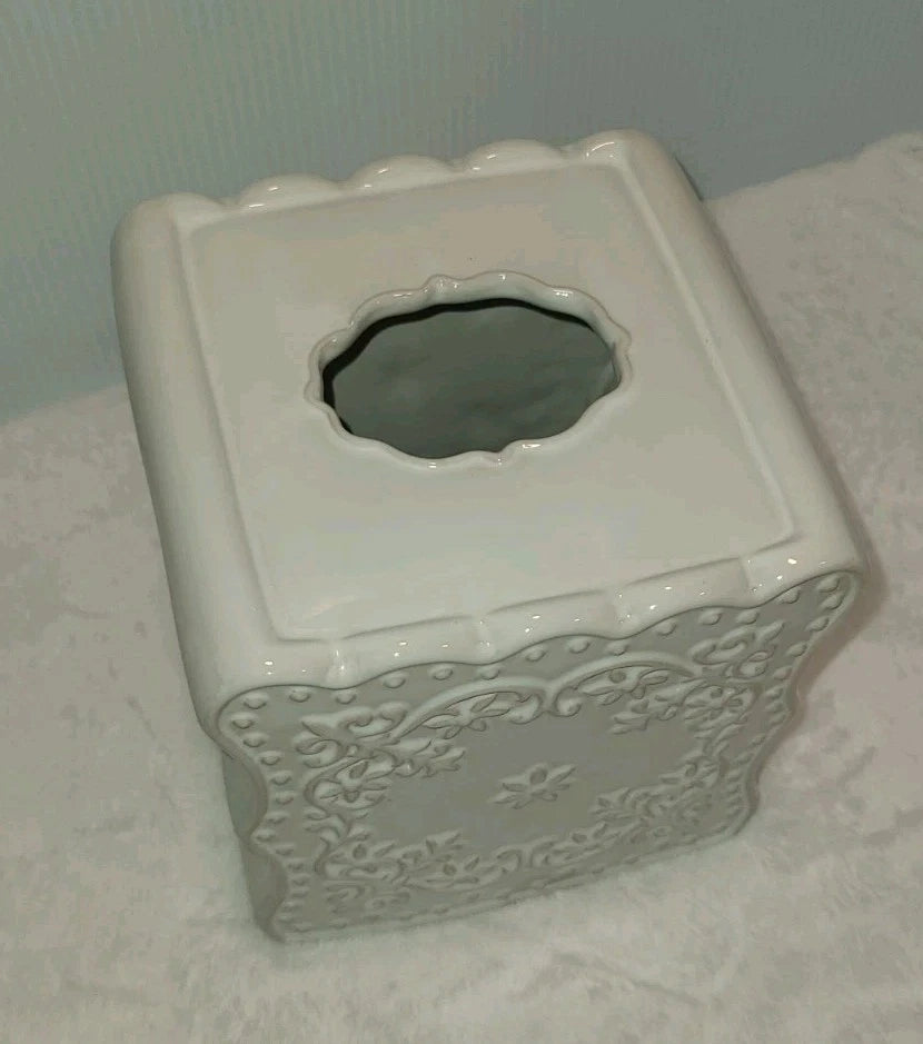 White CREATIVE BATH Floral Lace Ceramic Tissue Box Cover- 6.25" Square | eBay