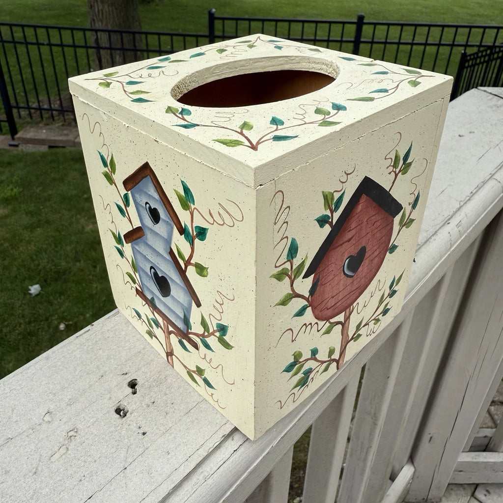VTG Wood Birdhouse Leaves Cottage Tissue Box Cover Country Shabby Hand Painted | eBay