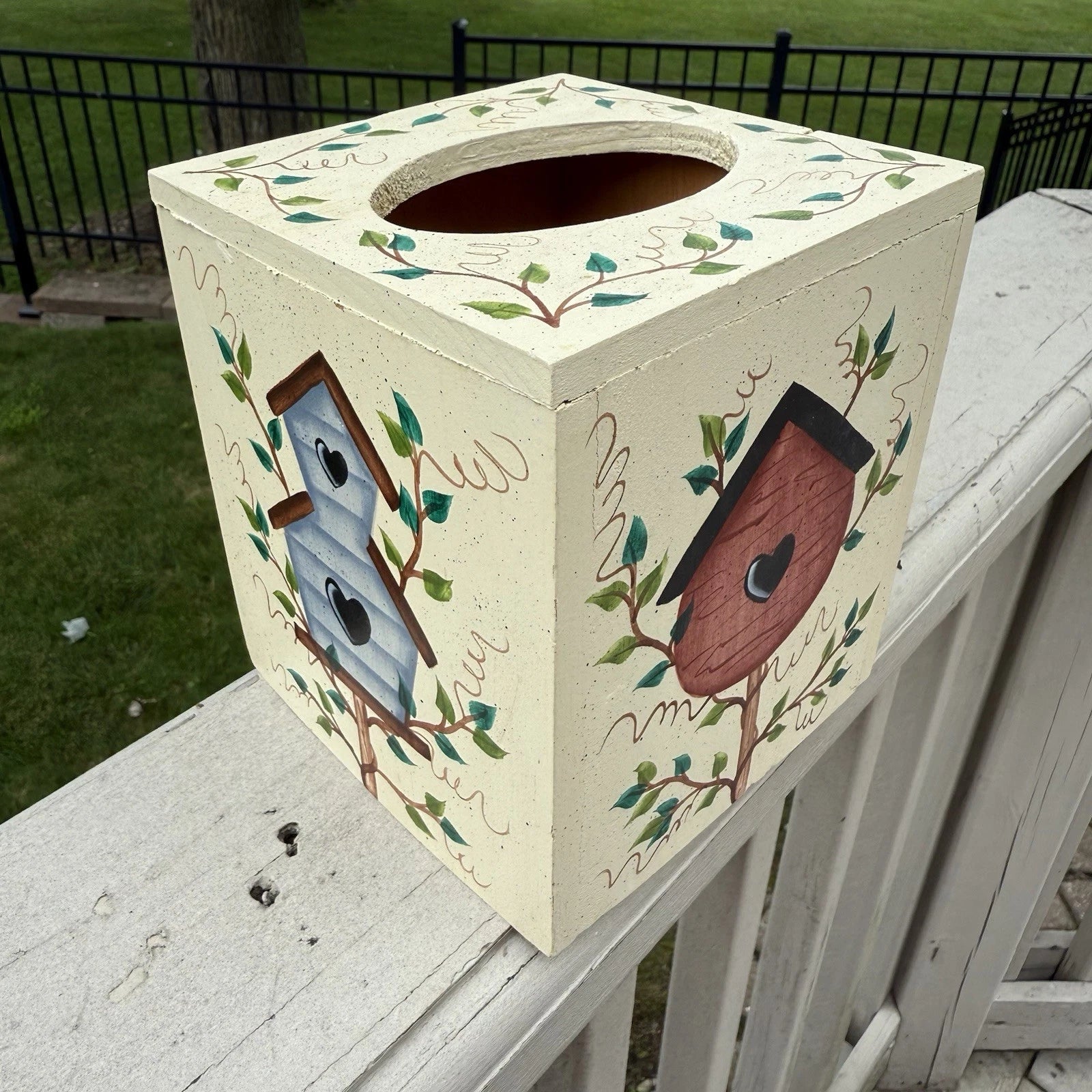 VTG Wood Birdhouse Leaves Cottage Tissue Box Cover Country Shabby Hand Painted | eBay