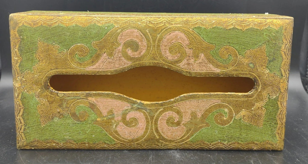 Vtg Florentine Italy Wood Tissue Box Cover Green Gold Gilt Hinged Hand Painted | eBay