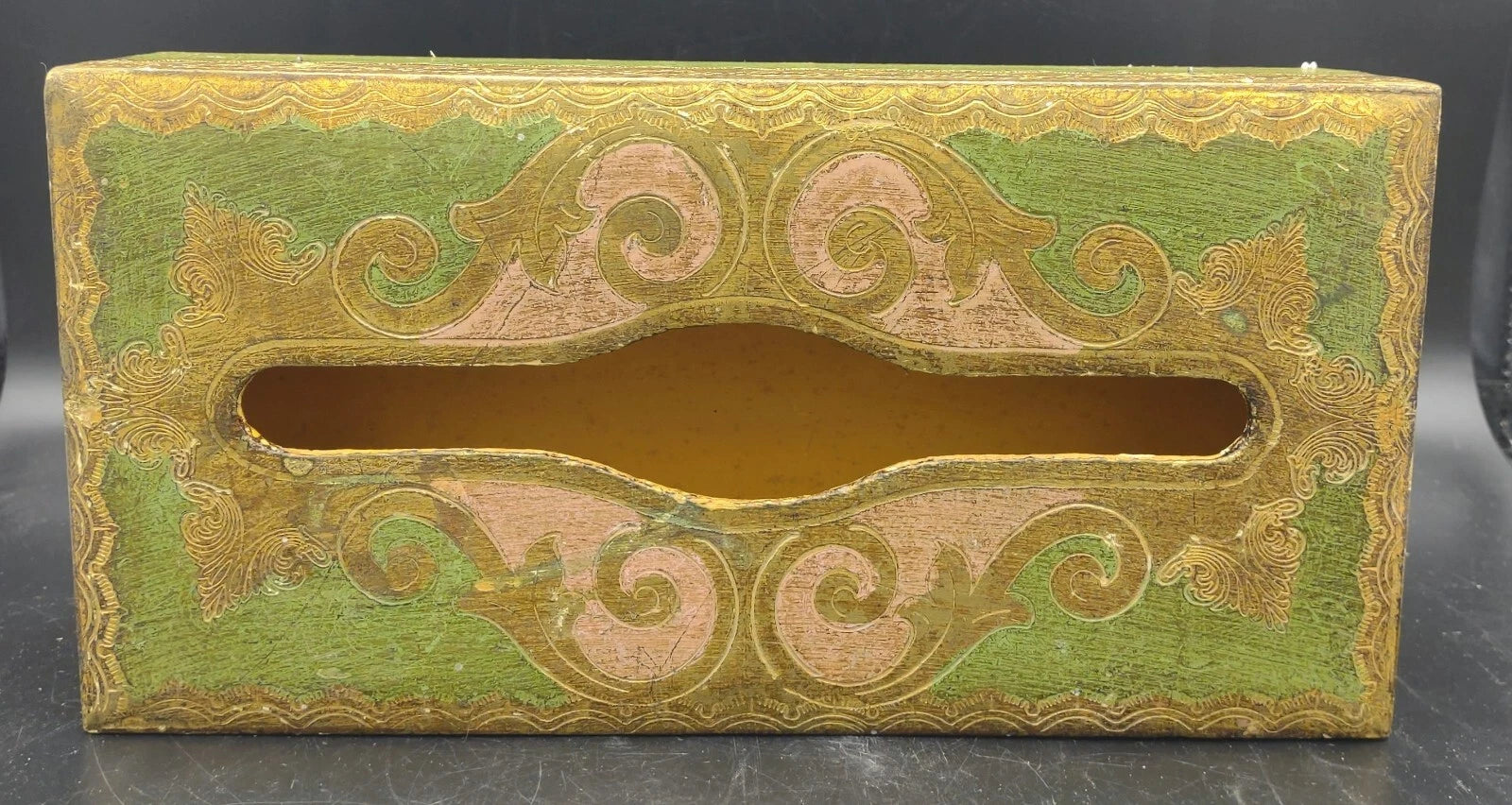 Vtg Florentine Italy Wood Tissue Box Cover Green Gold Gilt Hinged Hand Painted | eBay