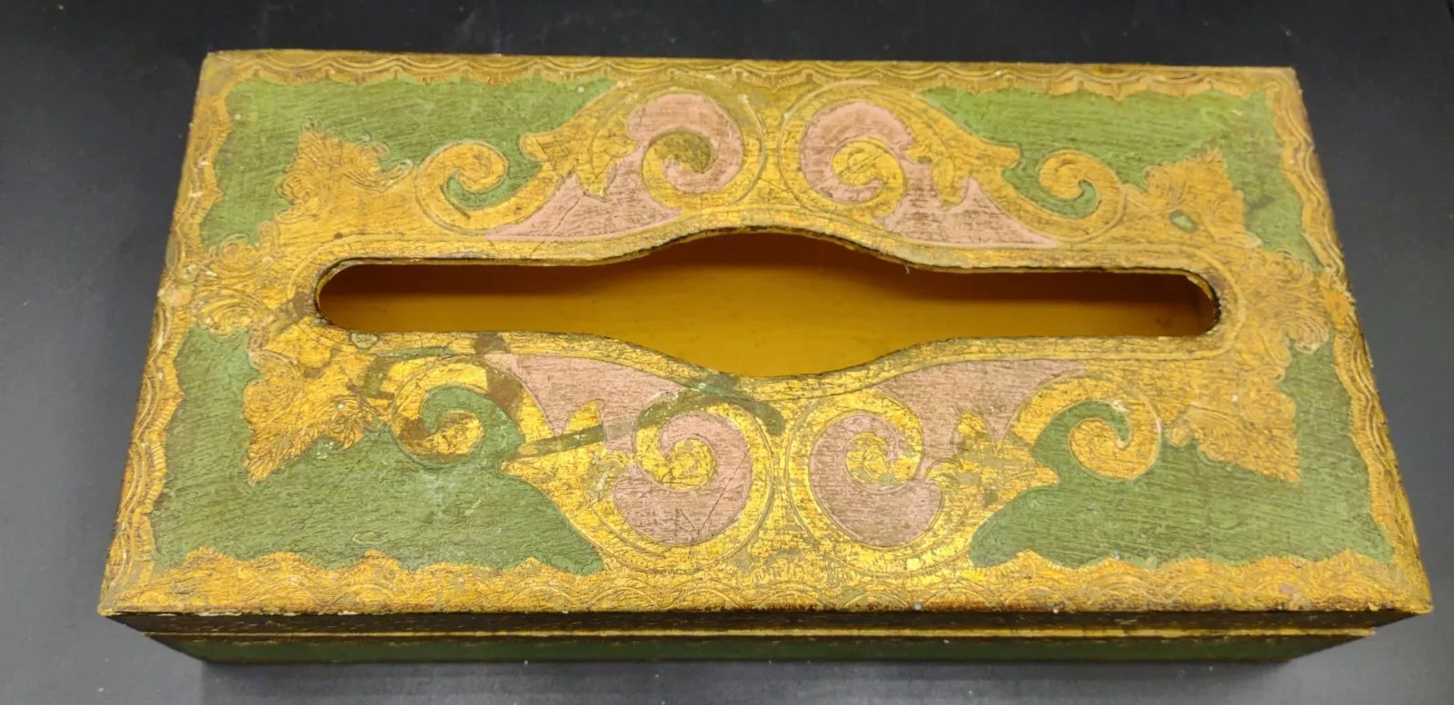 Vtg Florentine Italy Wood Tissue Box Cover Green Gold Gilt Hinged Hand Painted | eBay
