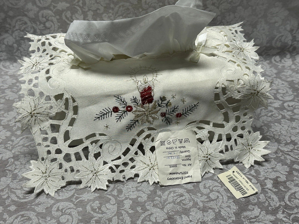 Vtg Hand Embroidery Tissue Box Cover Ornate Filigree Lace Christmas Candle New | eBay