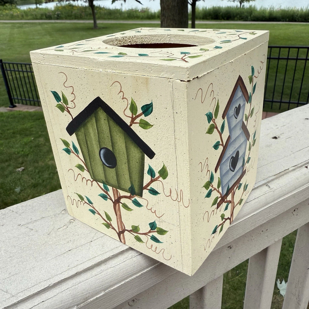 VTG Wood Birdhouse Leaves Cottage Tissue Box Cover Country Shabby Hand Painted | eBay