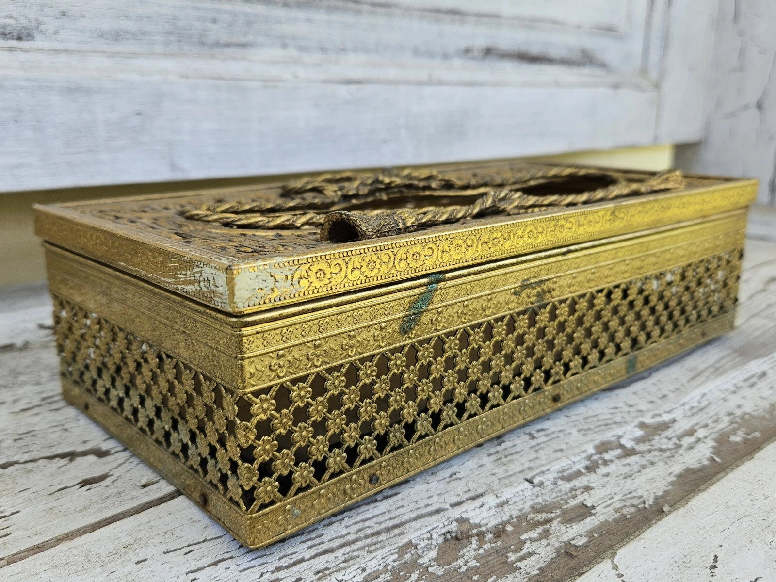 Antique Vintage Metal Bow Filigree Tissue Box Cover Holder Gold Tone Removable | eBay
