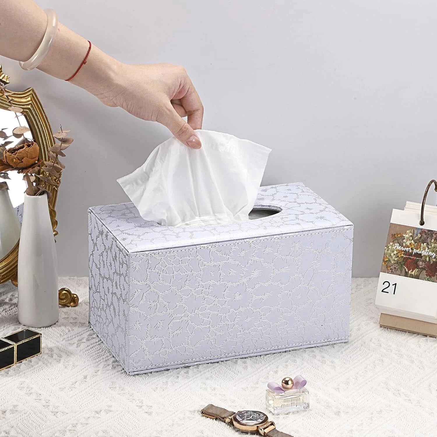 Rectangle Leather Tissue Box Cover - Stylish Magnetic Bottom, Silver | eBay