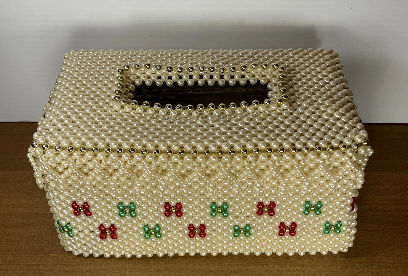 Vintage Beaded Tissue Box Holder Oblong Faux Pearl & Gold Beads Red Green Cover | eBay