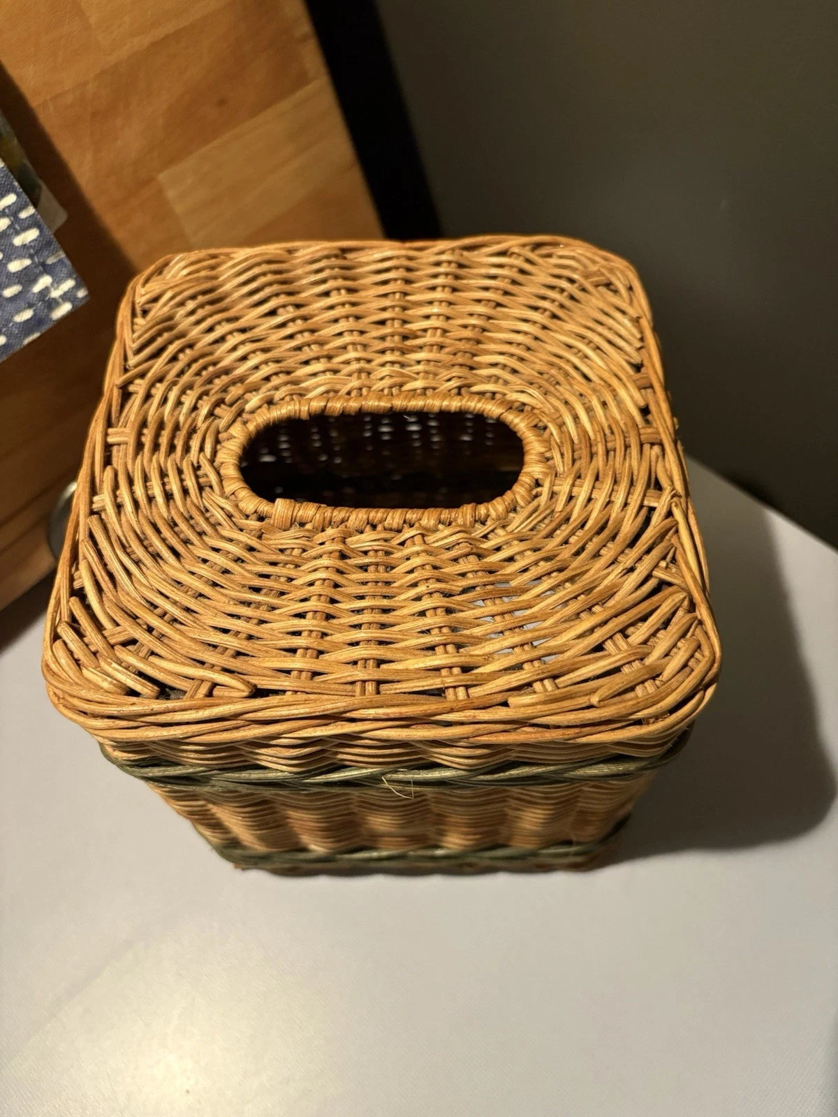 Woven Wicker Rattan Tissue Box Cover Holder 6” Cube Striped Natural Metal Frame | eBay