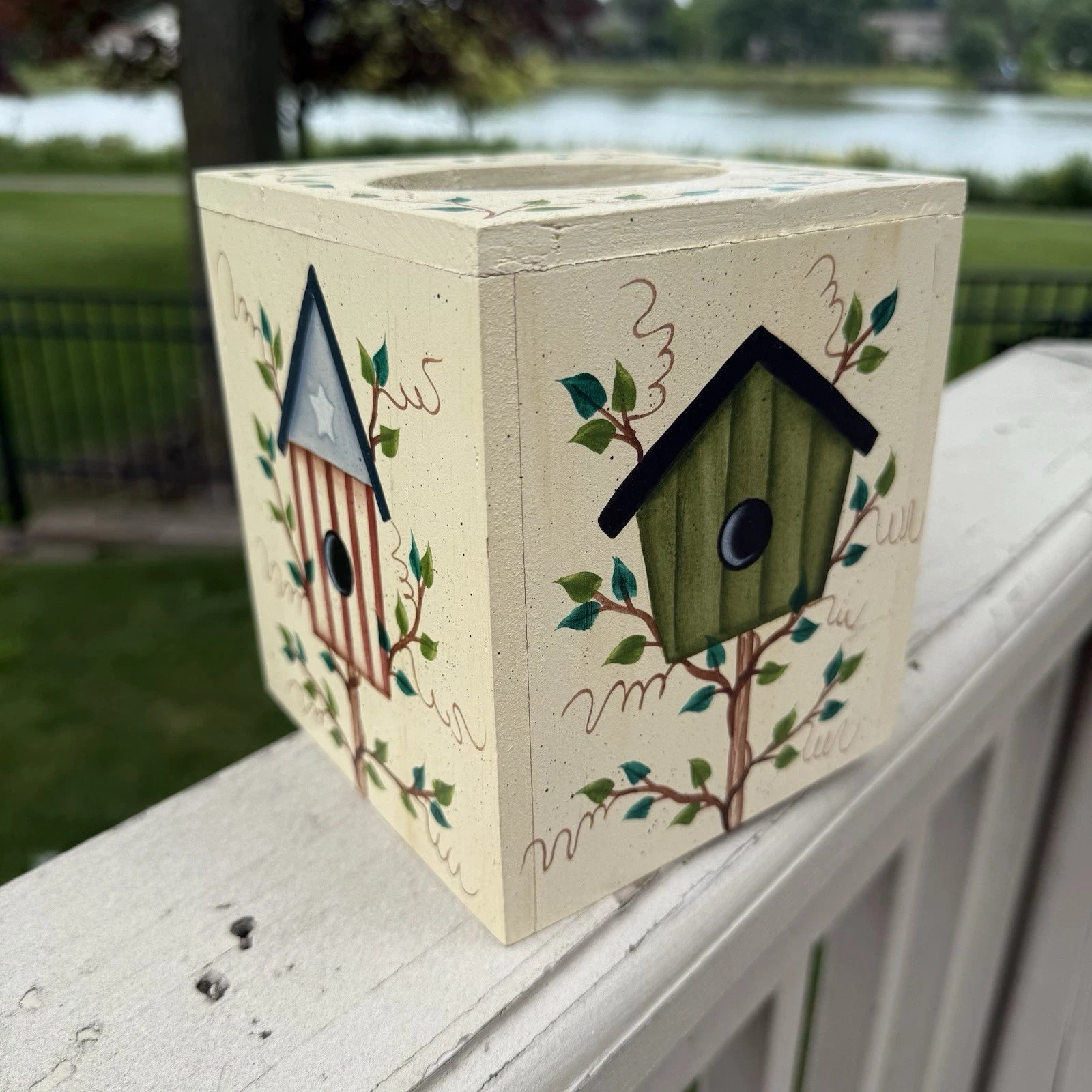 VTG Wood Birdhouse Leaves Cottage Tissue Box Cover Country Shabby Hand Painted | eBay