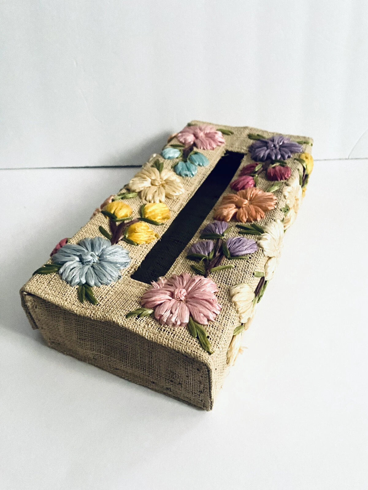 Straw Tissue Box Cover / Dispenser With Colorful Floral Embellishments Vintage | eBay