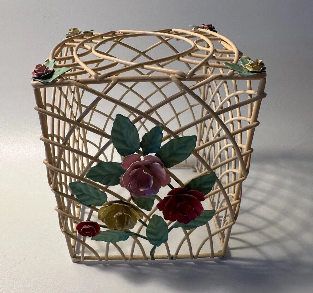 vtg woven wire/metal tissue box holder-cream w/pink/yellow/red florals 5.5"x4.5" | eBay