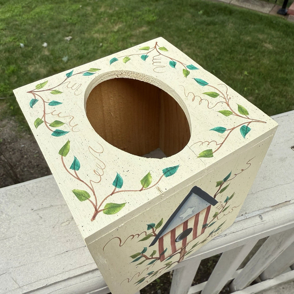 VTG Wood Birdhouse Leaves Cottage Tissue Box Cover Country Shabby Hand Painted | eBay