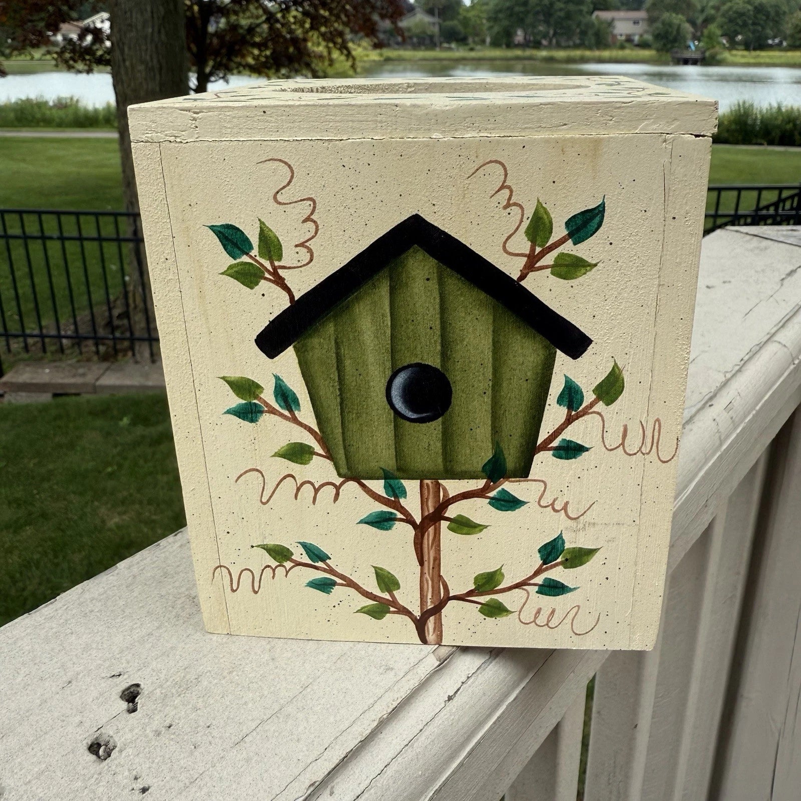 VTG Wood Birdhouse Leaves Cottage Tissue Box Cover Country Shabby Hand Painted | eBay