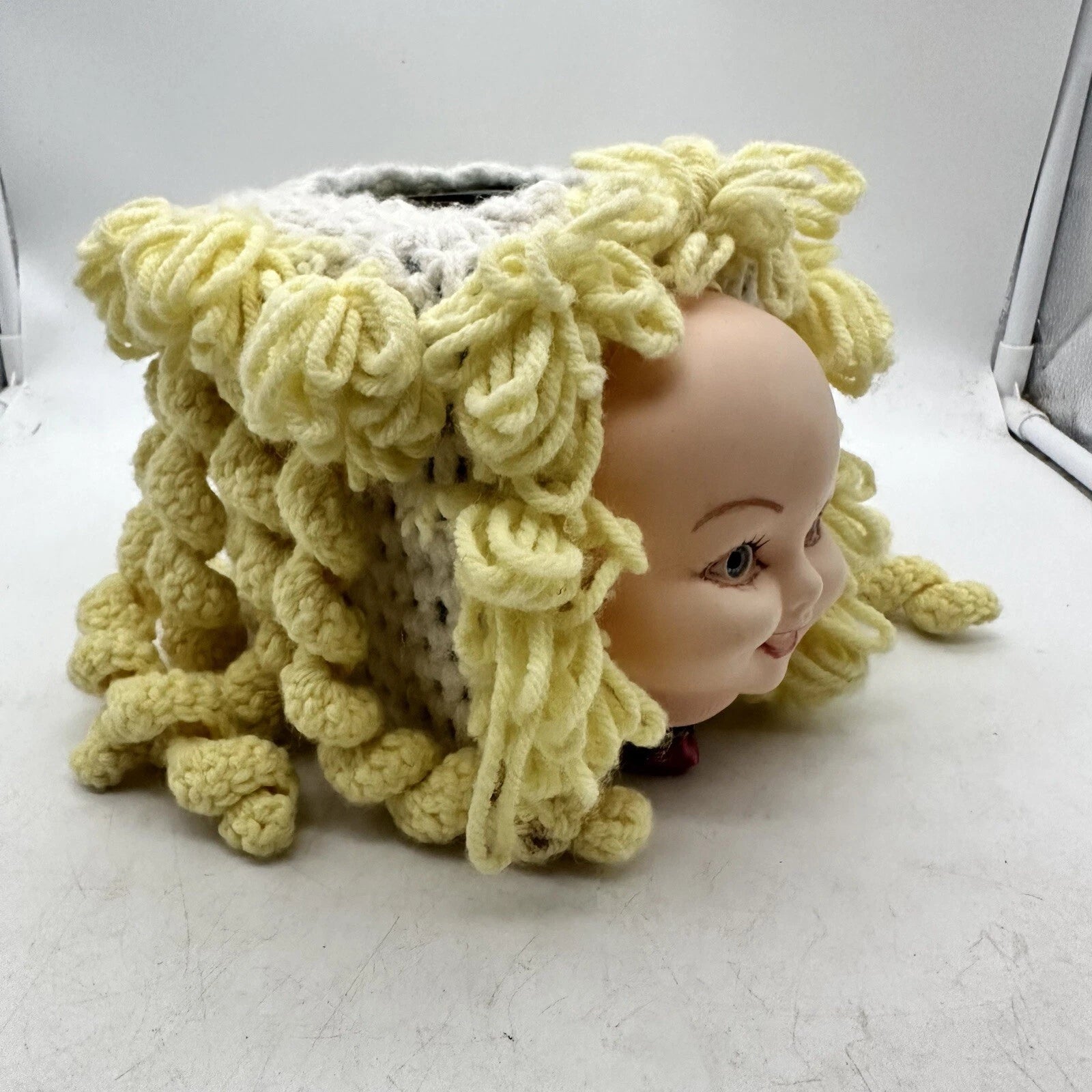 Vintage Doll Head Face Tissue Box Cover Dispenser Crocheted Kitschy Creepy | eBay