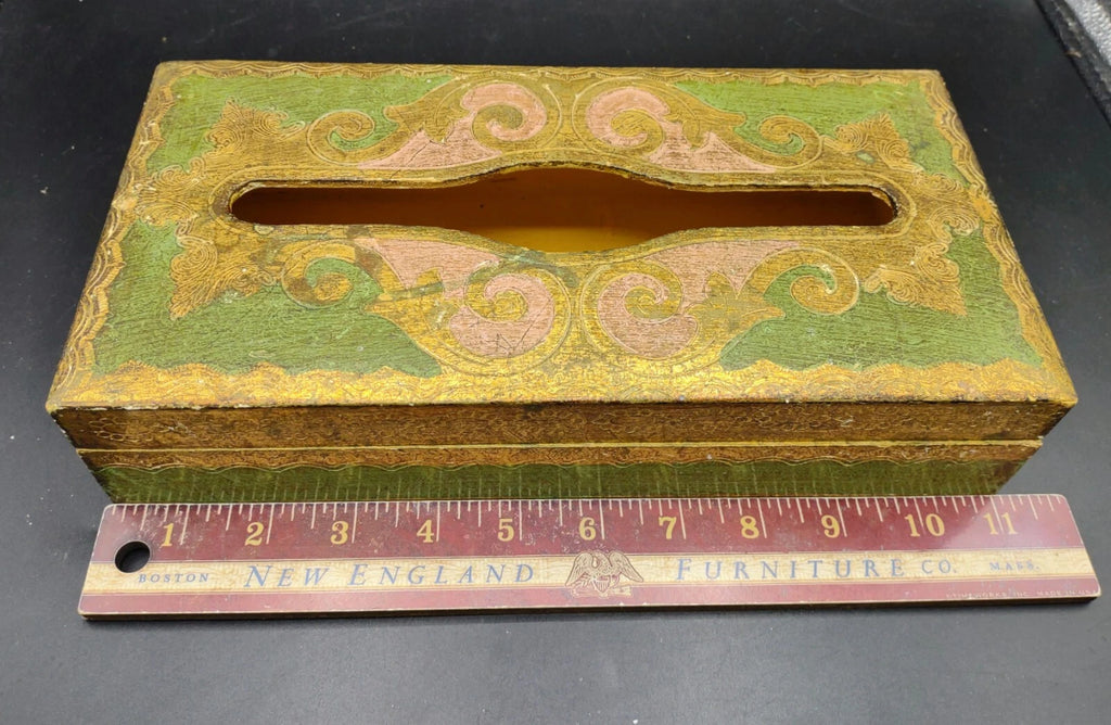 Vtg Florentine Italy Wood Tissue Box Cover Green Gold Gilt Hinged Hand Painted | eBay