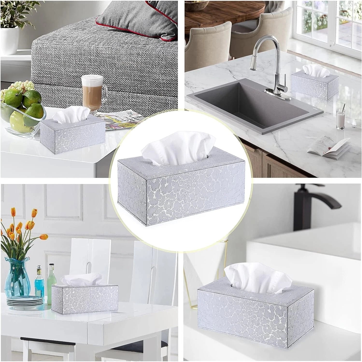 Rectangular Leather Tissue Box Cover with Magnetic Bottom - Silver | eBay