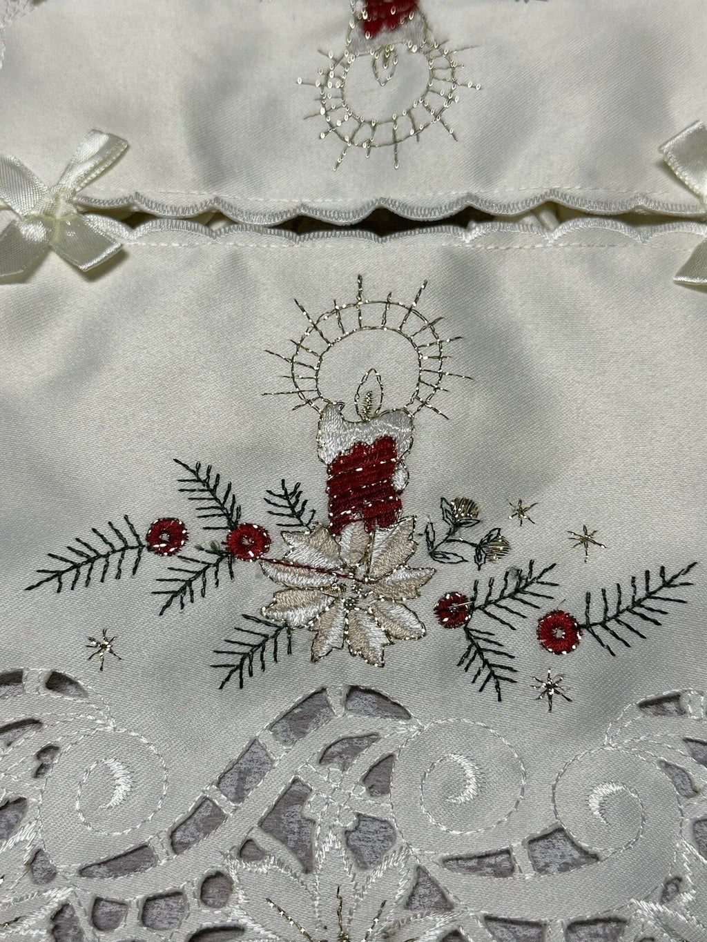 Vtg Hand Embroidery Tissue Box Cover Ornate Filigree Lace Christmas Candle New | eBay