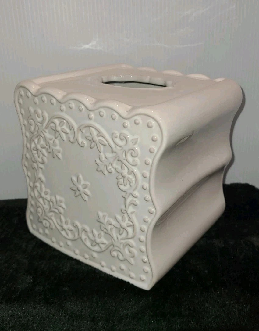 White CREATIVE BATH Floral Lace Ceramic Tissue Box Cover- 6.25" Square | eBay